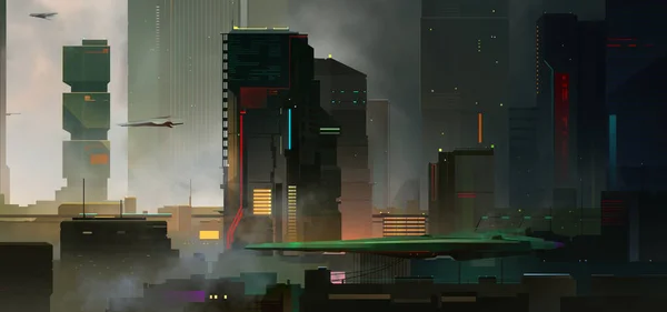Desenhado cidade cyberpunk colorido do futuro com arranha-céus no nevoeiro Imagens De Bancos De Imagens Sem Royalties
