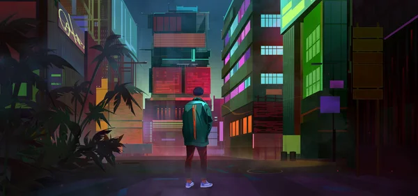 Paysage urbain lumineux fantastique dessiné dans le style cyberpunk avec l'homme Photos De Stock Libres De Droits