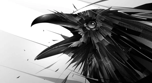 Drawn black and white abstract portrait of raven head — Stockfoto