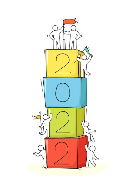 2022 Gelukkig Nieuwjaar Achtergrond Cartoon Doodle Illustratie Met Liitle Mensen — Stockvector