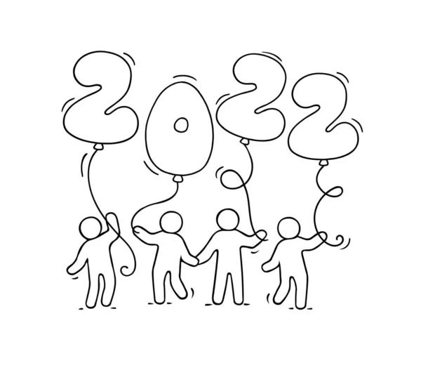 2022 Feliz Año Nuevo Dibujos Animados Doodle Ilustración Con Personas — Vector de stock