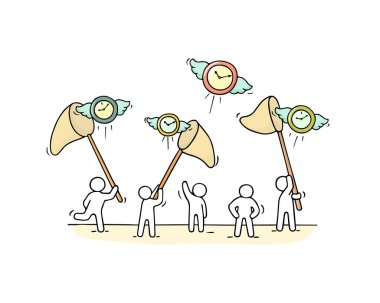 Uçan saatleri olan çalışan küçük insanların çizimi. Kronometreyi yakalamaya çalışan işçilerin minik karalama sahnesi. İş tasarımı için el çizimi çizgi film vektör çizimi.