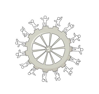 Çalışan küçük insanlarla büyük teçhizat çizimi. Makinelerle ilgili minyatür karalama sahnesi. İş ve kurumsal tasarım için el çizimi karikatür vektör çizimi.