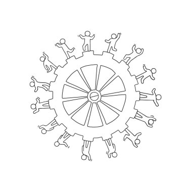 Çalışan küçük insanlarla büyük teçhizat çizimi. Makinelerle ilgili minyatür karalama sahnesi. İş ve kurumsal tasarım için el çizimi karikatür vektör çizimi.