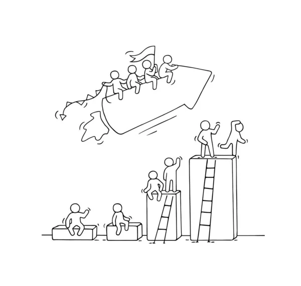 Szkic Pracujących Małych Ludzi Strzałką Diagram Doodle Cute Miniaturowa Scena — Wektor stockowy