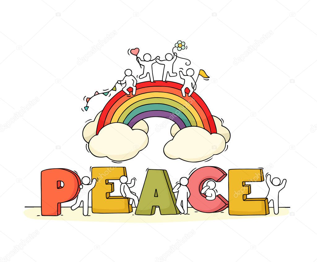 Little people with word Peace and rainbow. Hand drawn cartoon vector illustration for positive design.