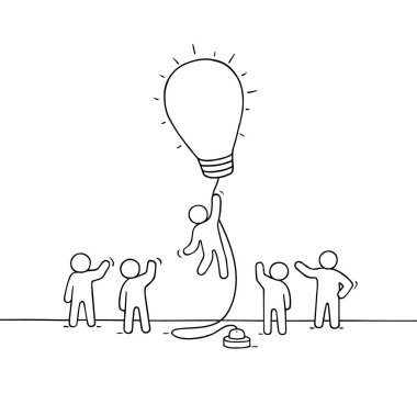 Uçan lamba fikri olan işçilerin minyatür karalama sahnesi. Başarı ve liderlik hakkında eskiz. İş tasarımı için el çizimi çizgi film vektör çizimi.