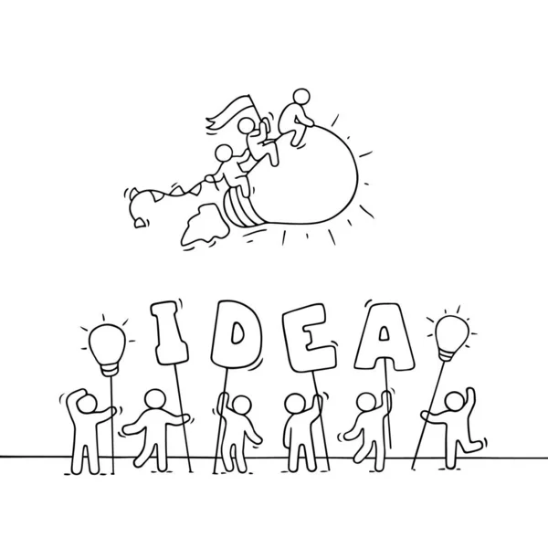 Bosquejo Pequeños Trabajadores Con Lámpara Voladora Idea Palabra Doodle Linda — Vector de stock