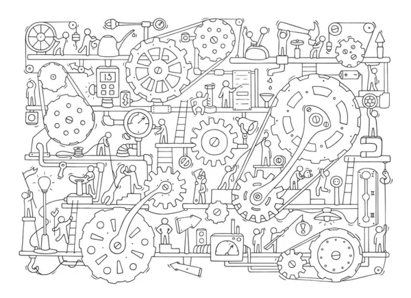 Skica Lidí Týmová Práce Převody Produkce Doodle Kreslený Mechanismus Stroji — Stockový vektor