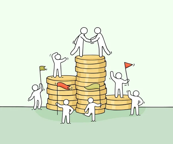 Cartoon Little Business People Stack Coins Doodle Cute Miniature Scene — Stock Vector