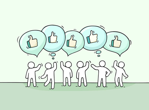 Crowd of working little people with speech bubbles and likes. Doodle cute miniature scene with positive messages. Hand drawn cartoon vector illustration for internet design and infographic.