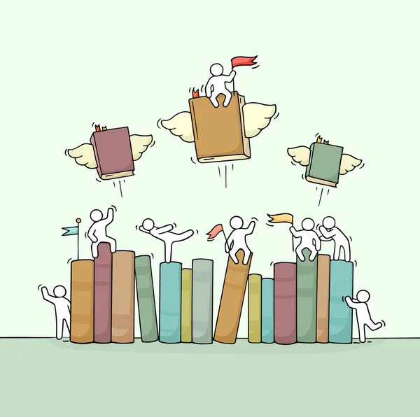 Kitap rafı olan çalışan küçük insanların çizimi. İşçilerin ve uçan kitapların olduğu minyatür karalama sahnesi. Eğitim tasarımı için el çizimi çizgi film vektör çizimi.