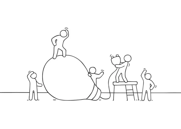 Doodle Cena Miniatura Bonito Trabalhadores Com Ideia Lâmpada Concepção Esboço — Vetor de Stock
