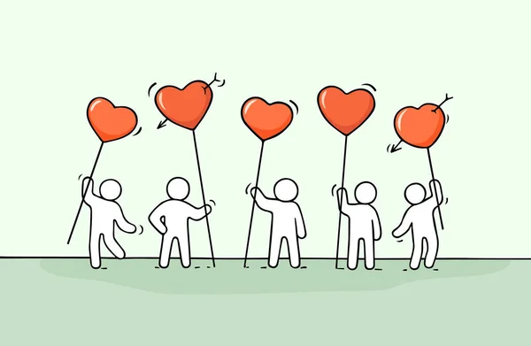 Dav Pracujících Malých Lidí Srdcem Zpívá Doodle Roztomilá Miniatura Lásce — Stockový vektor