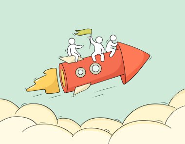 Oklu çalışan küçük insanların çizimi, takım çalışması. Doodle işçilerin sevimli minyatür sahne. İş tasarımı ve infografik için el çizilmiş karikatür vektör illüstrasyon.