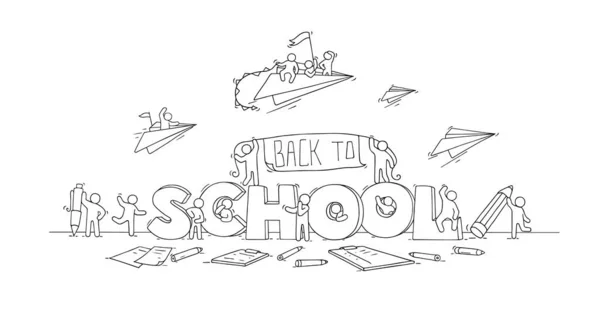 用词汇学校的小人物素描 关于教育的涂鸦可爱的迷你场景 手绘卡通矢量图解 — 图库矢量图片