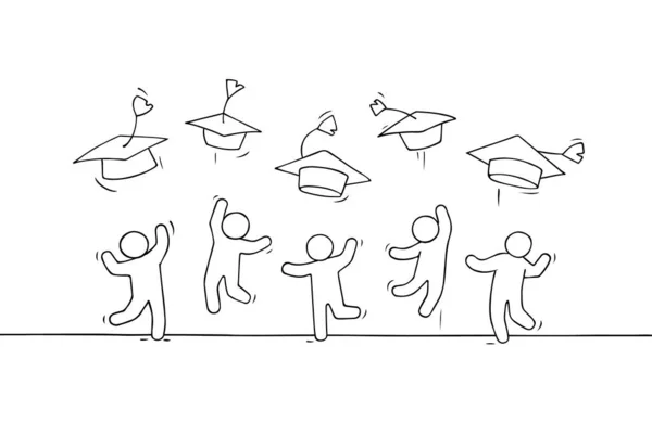 Boceto Gente Pequeña Celebra Graduación Doodle Linda Escena Miniatura Sobre — Vector de stock