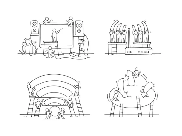 インターネットオブジェクトを持つ労働者のかわいいミニチュアシーンを人形 Web作品についてのスケッチコンセプト 手描きの漫画のベクトルイラスト用コンピュータデザイン — ストックベクタ