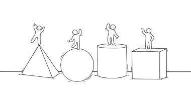 Matematiksel sembolleri olan karikatür insanları. İşçi geometrik formlarının şirin minyatür sahnelerini karala. Okul tasarımı için el çizimi vektör çizimi.