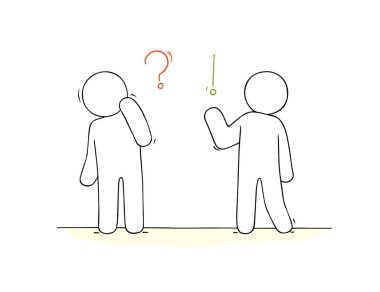 İletişim işaretleri olan küçük insanlarla çalışan çizgi film. İletişim ile ilgili minyatür karalama sahnesi. İş ve sosyal tasarım için el çizimi vektör çizimi.