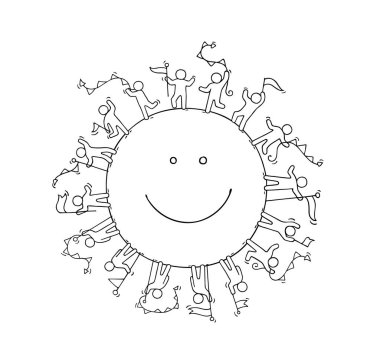 Çizgi filmlerde gülümseyen, çelenkleri ve bayrakları olan küçük insanlar. İşçilerin birlikle ilgili minyatür karalama sahnesi. El çizimi çizgi film vektör illüstrasyonu.