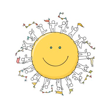 Çizgi filmlerde gülümseyen, çelenkleri ve bayrakları olan küçük insanlar. İşçilerin birlikle ilgili minyatür karalama sahnesi. El çizimi çizgi film vektör illüstrasyonu.