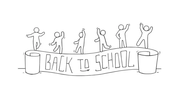 带着文字回到学校的小人物的素描 关于教育结束的涂鸦可爱的迷你场景 手绘卡通矢量图解 — 图库矢量图片