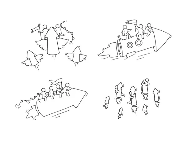 Рисунок Работающих Маленьких Людей Стрелами Мух Милые Миниатюрные Сцены Рабочими — стоковый вектор