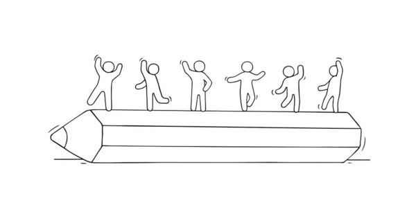 Szkic Małych Ludzi Stojących Wielkim Ołówku Doodle Cute Miniaturowa Scena — Wektor stockowy
