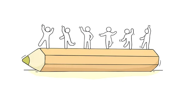 Sketsa Orang Kecil Berdiri Atas Pensil Besar Doodle Lucu Miniatur - Stok Vektor