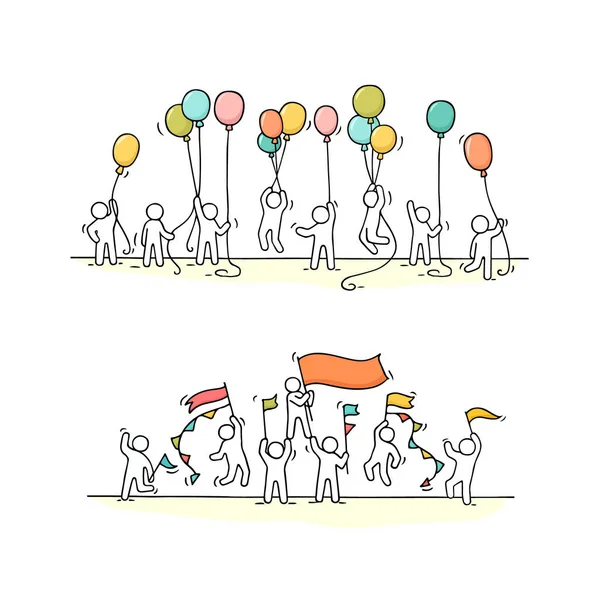 Náčrtek Davu Malých Lidí Doodle Roztomilá Miniaturní Scéna Dělníků Balónky — Stockový vektor