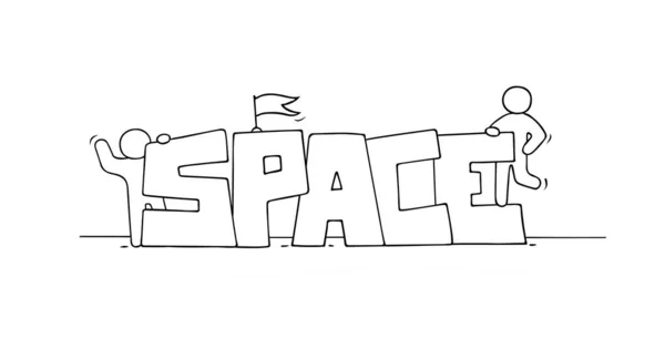 単語のスペースの小さい人々のスケッチ 宇宙についてのかわいいミニチュアシーンを人形 手描き漫画ベクトルイラスト — ストックベクタ
