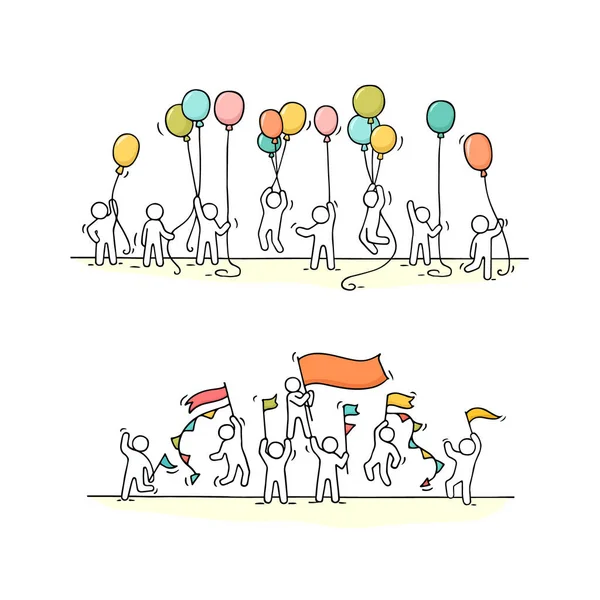 Esboço Gente Pequena Doodle Cena Miniatura Bonito Trabalhadores Com Balões Ilustração De Stock