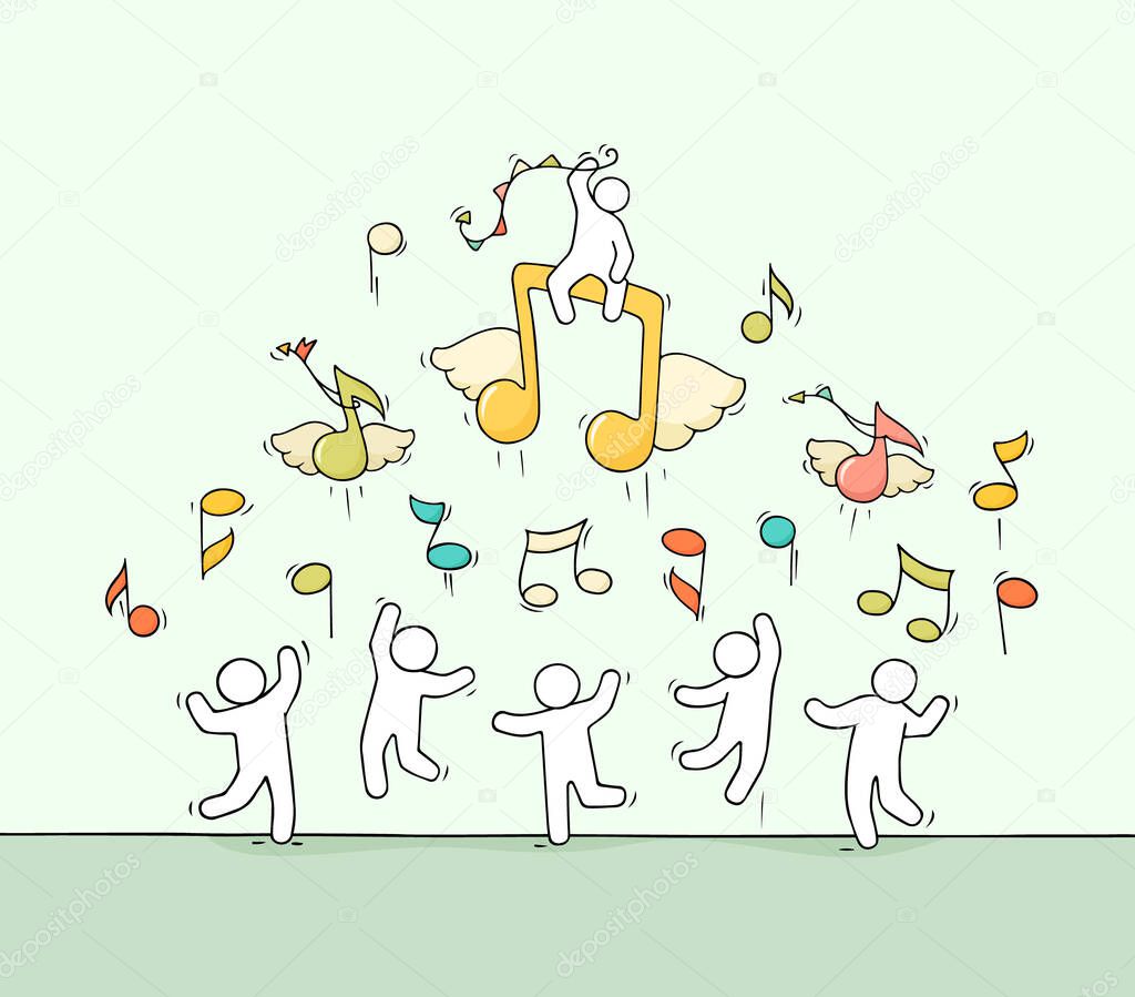 Sketch of crowd little people with flying notes. Doodle cute miniature scene about music. Hand drawn cartoon vector illustration musical design.