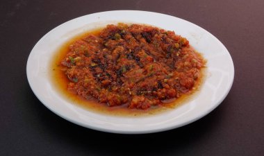 Geleneksel Türk Aperatifi Acili Ezme. Türk mezesi Acuka taze domates, yeşil biber, salatalık ve baharattan yapıldı. Geleneksel Türk Aperatifi Acili Ezme beyaz tabakta servis yaptı