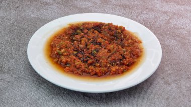 Geleneksel Türk Aperatifi Acili Ezme. Türk mezesi Acuka taze domates, yeşil biber, salatalık ve baharattan yapıldı. Geleneksel Türk Aperatifi Acili Ezme beyaz tabakta servis yaptı