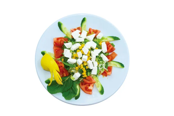 Top View Mediterranean Salad Cheese Tomato Corn Arugula Cucumber — Stock Photo, Image