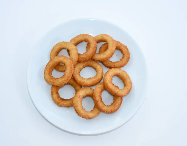 Anéis Cebola Fritos Prato Branco Isolado Fast Food — Fotografia de Stock