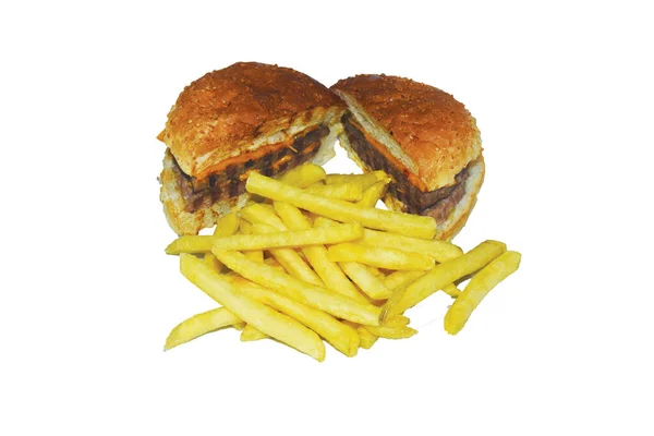 Cheeseburger Coupé Deux Frites Isolées — Photo