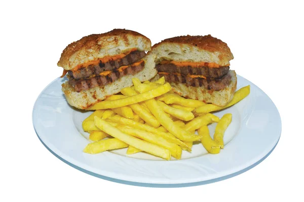 Vue Dessus Cheeseburger Coupé Deux Des Frites Servies Sur Assiette — Photo