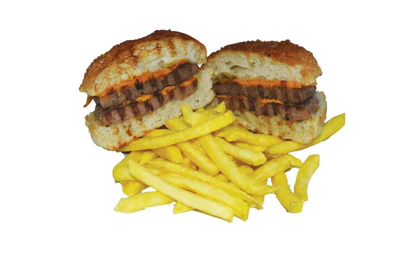 Gros Plan Cheeseburger Coupé Deux Frites Servies Dans Une Assiette — Photo