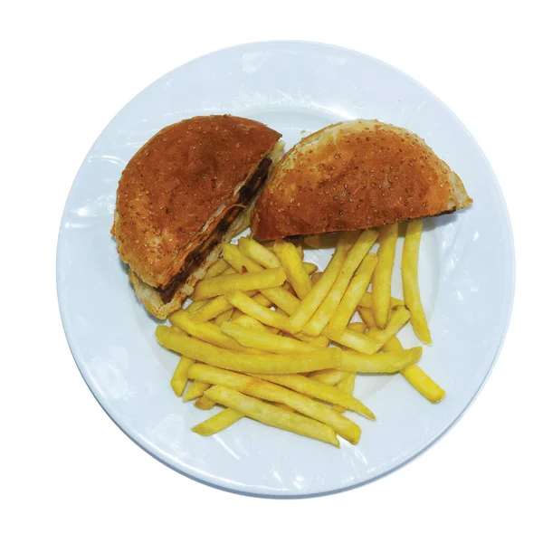 Vue Dessus Cheeseburger Coupé Deux Des Frites Servies Sur Assiette — Photo