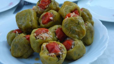 Tabakta doldurulmuş biber ve Ege tabağı var. Ev yapımı..