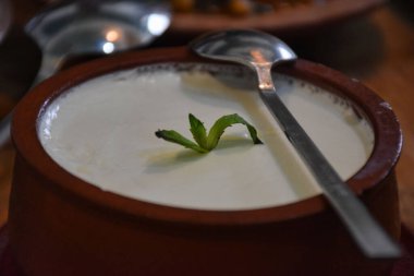 Geleneksel Ege bufalo yoğurdu ve seramik kasede ahşap masada. Kapat..