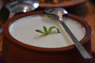 Geleneksel Ege bufalo yoğurdu ve seramik kasede ahşap masada. Kapat..
