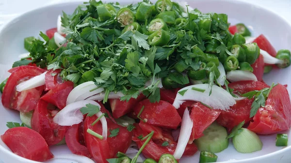 Salada Mediterrânea Com Cebola Pimentão Tomate Pepinos — Fotografia de Stock