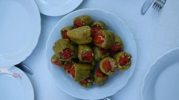 Overhead View Stuffed Peppers Aegean Dish Plate Traditional Mediterranean Aegean — Stock Photo, Image