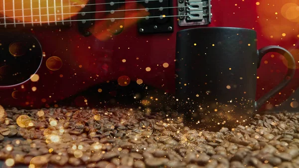 Uma Caneca Café Preta Fundo Bokeh Guitarra Elétrica Vermelha Grãos — Fotografia de Stock