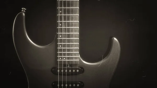 Guitarra Elétrica Preto Branco Sobre Fundo Preto Bokeh Texturizado Como — Fotografia de Stock