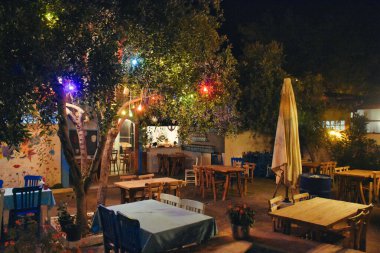 Ege Akdeniz restoranı güzel bir bahçede ağaçlara ve masalara asılı şirin lambalarla
